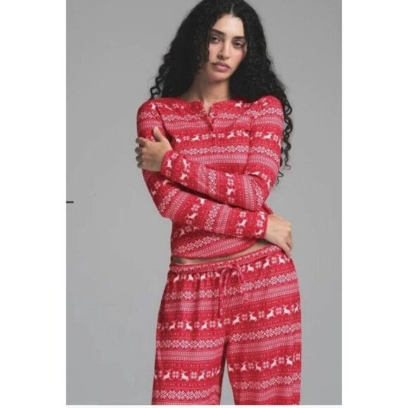 SKIMS Other - SKIMS Logo Plush HOLIDAY Pajama Red Deer Fair Isle Long Sleeve Soft Size Small